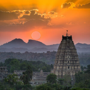 Landscape view of the ancient city of Vijayanagara with the Viru